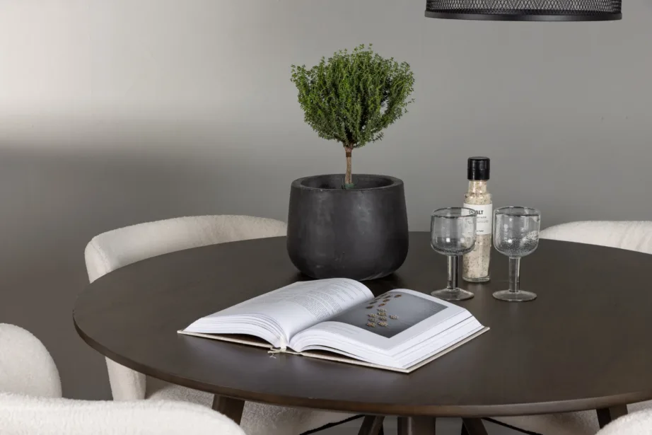 Ümmargune söögilauakomplekt Kaseindoni laud 4 Edina tooliga (tumepruun, valge buklee), GR23853 – 6