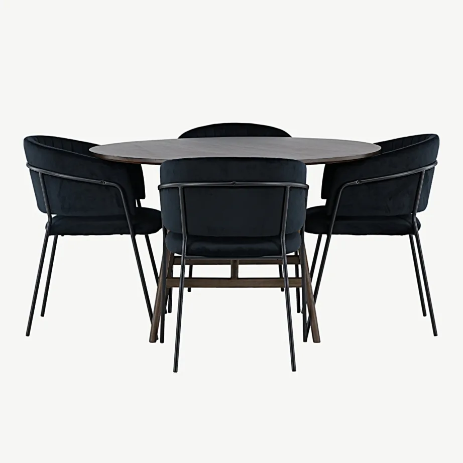 Ümmargune söögilaud Kaseindon toolidega (tumepruun MDF, kummipuu) ja musta velvetkattega Selma toolid, GR23854 – 2