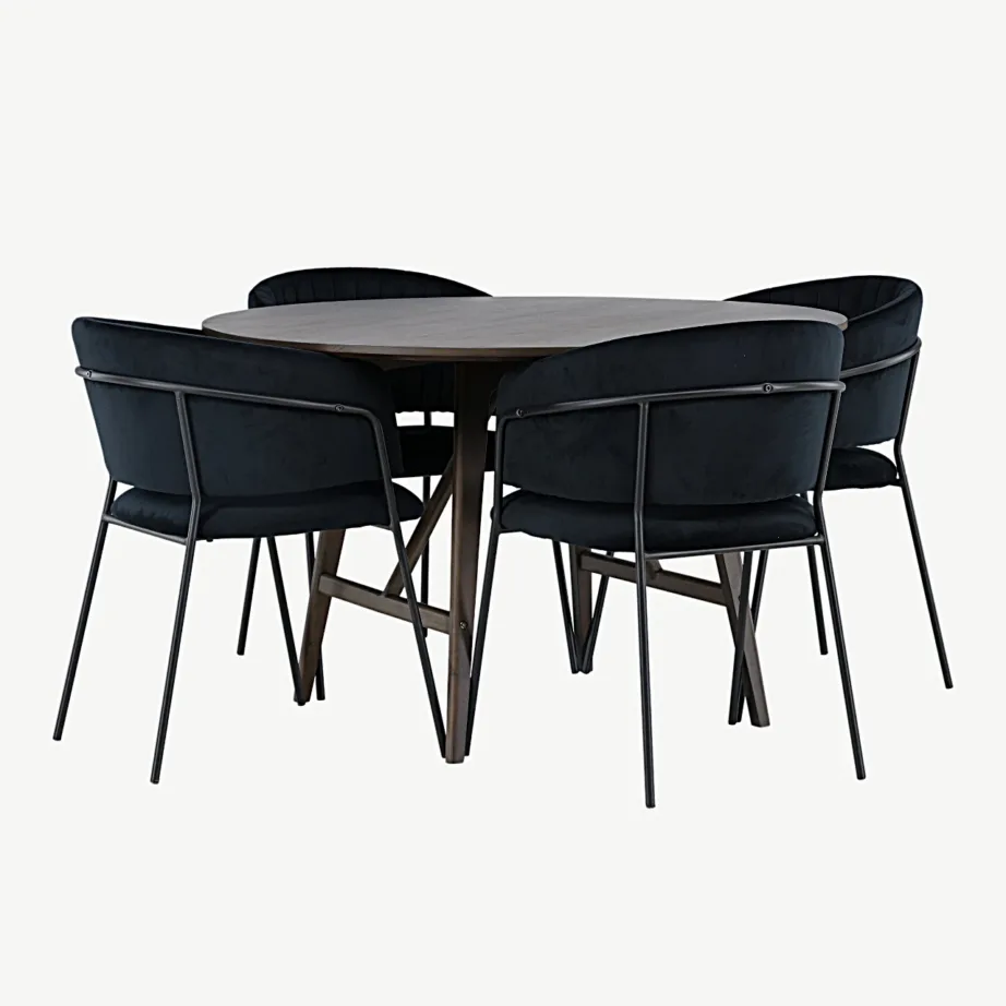 Ümmargune söögilaud Kaseindon toolidega (tumepruun MDF, kummipuu) ja musta velvetkattega Selma toolid, GR23854 – 3