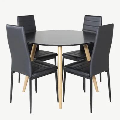 Ümmargune söögilauakomplekt Plaza musta MDF-plaadiga ja kõrge seljatoega Slim toolid (4 musta kunstnahast tooli) - GR24096