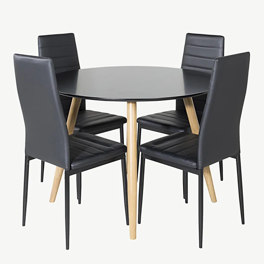 Ümmargune söögilauakomplekt Plaza musta MDF-plaadiga ja kõrge seljatoega Slim toolid (4 musta kunstnahast tooli), GR24096