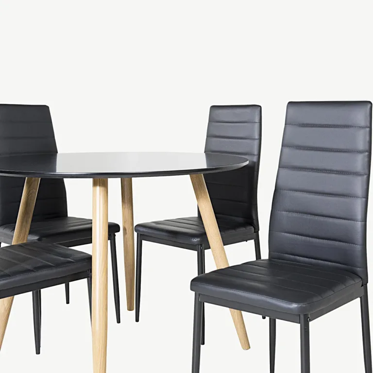 Ümmargune söögilauakomplekt Plaza musta MDF-plaadiga ja kõrge seljatoega Slim toolid (4 musta kunstnahast tooli) - GR24096