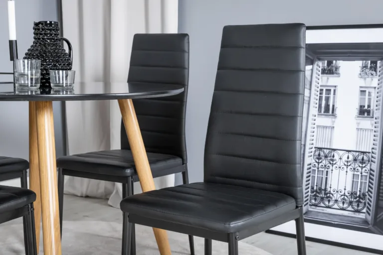 Ümmargune söögilauakomplekt Plaza musta MDF-plaadiga ja kõrge seljatoega Slim toolid (4 musta kunstnahast tooli) - GR24096