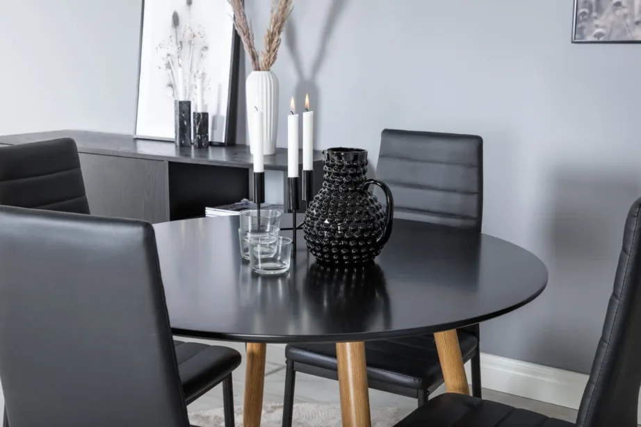 Ümmargune söögilauakomplekt Plaza musta MDF-plaadiga ja kõrge seljatoega Slim toolid (4 musta kunstnahast tooli), GR24096 – 5