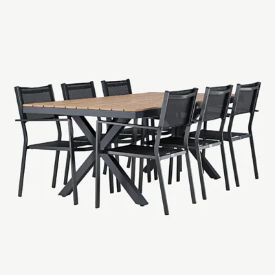 Garcia alumiiniumist õuesöögikomplekt – laud 200x100 cm ja 6 musta Copacabana tooli (alumiinium, vineer, Textilene) - GR24307