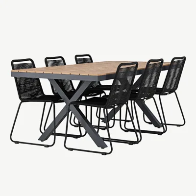 Garcia ristkülikukujuline alumiiniumist õuesöögikomplekt (laud 200x100 cm, 6 musta polüesterköiest virnastatavat tooli) - GR24309