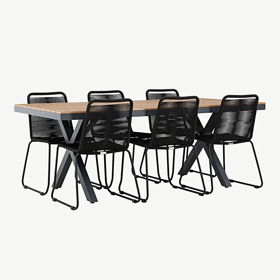 Garcia ristkülikukujuline alumiiniumist õuesöögikomplekt (laud 200×100 cm, 6 musta polüesterköiest virnastatavat tooli), GR24309 – 3