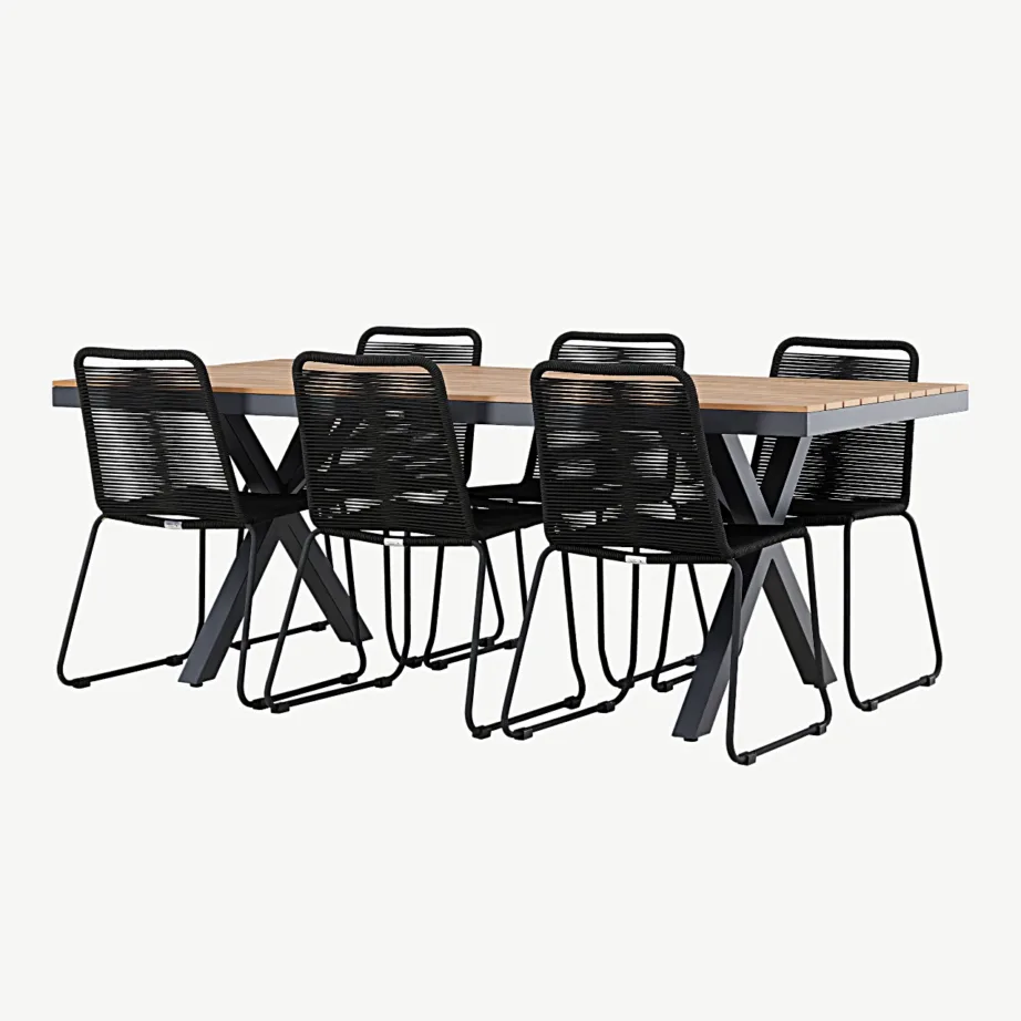 Garcia ristkülikukujuline alumiiniumist õuesöögikomplekt (laud 200×100 cm, 6 musta polüesterköiest virnastatavat tooli), GR24309 – 5