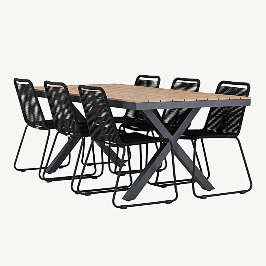 Garcia ristkülikukujuline alumiiniumist õuesöögikomplekt (laud 200×100 cm, 6 musta polüesterköiest virnastatavat tooli), GR24309 – 6