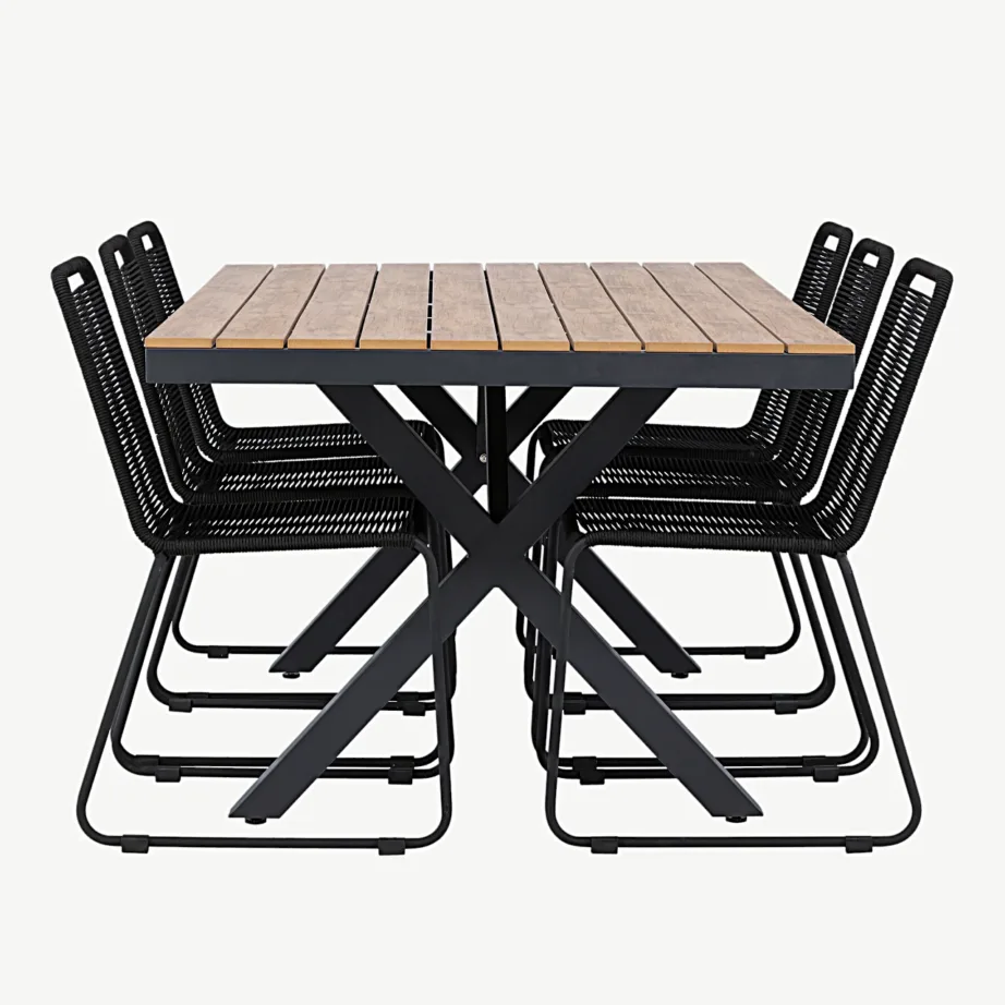 Garcia ristkülikukujuline alumiiniumist õuesöögikomplekt (laud 200×100 cm, 6 musta polüesterköiest virnastatavat tooli), GR24309 – 7