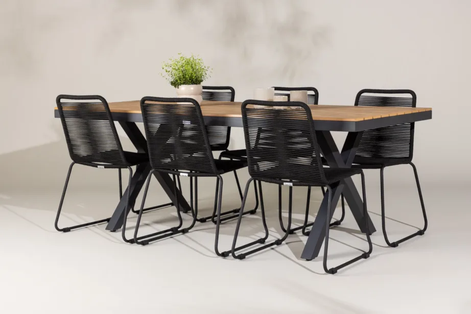 Garcia ristkülikukujuline alumiiniumist õuesöögikomplekt (laud 200×100 cm, 6 musta polüesterköiest virnastatavat tooli), GR24309 – 8