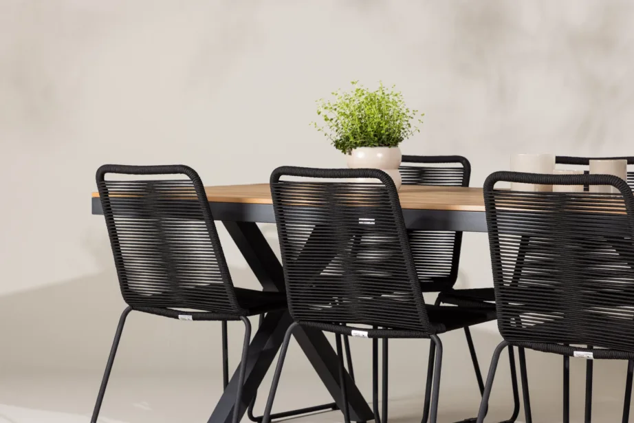 Garcia ristkülikukujuline alumiiniumist õuesöögikomplekt (laud 200×100 cm, 6 musta polüesterköiest virnastatavat tooli), GR24309 – 9