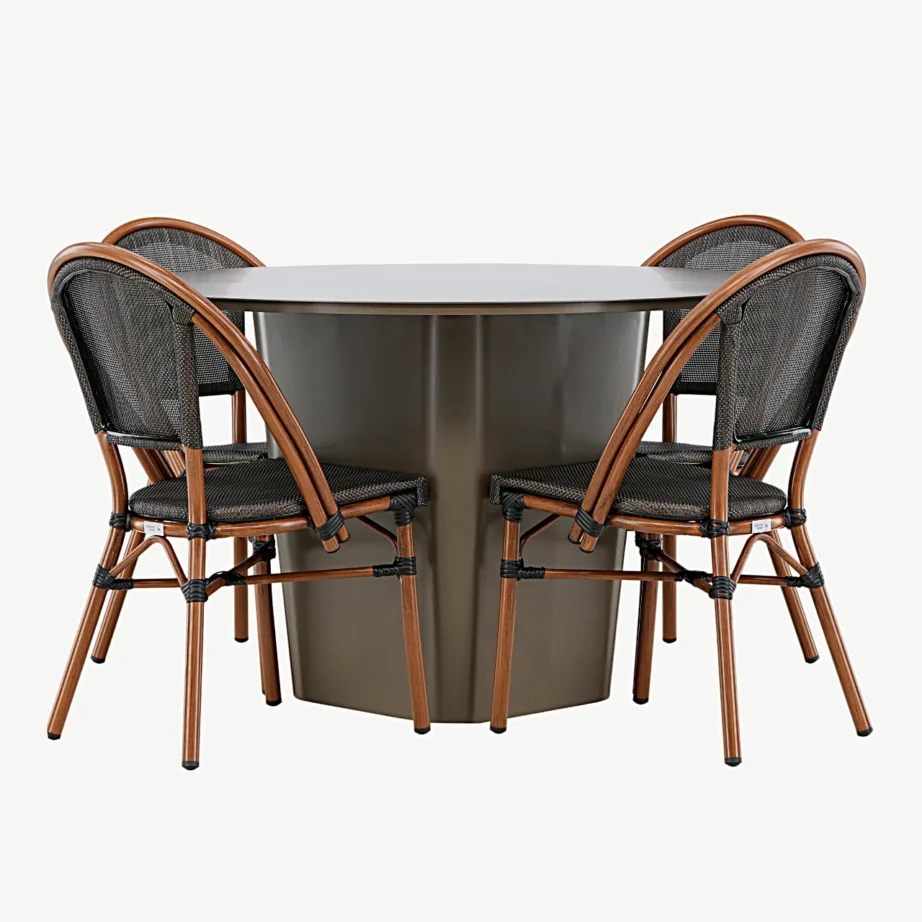 Santa Fe ümmargune alumiiniumist välimööblikomplekt – pruun laud ja neli Guarda tooli (must/pruun, ø120 cm), GR24340 – 2