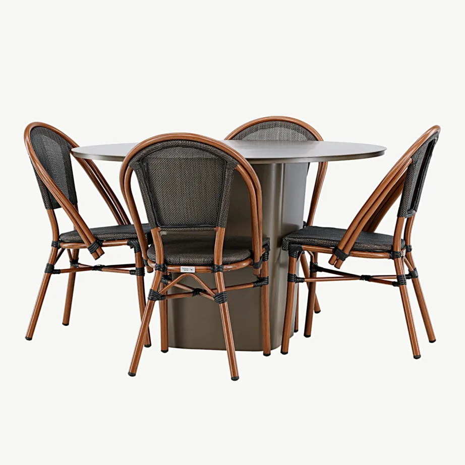 Santa Fe ümmargune alumiiniumist välimööblikomplekt – pruun laud ja neli Guarda tooli (must/pruun, ø120 cm), GR24340 – 3