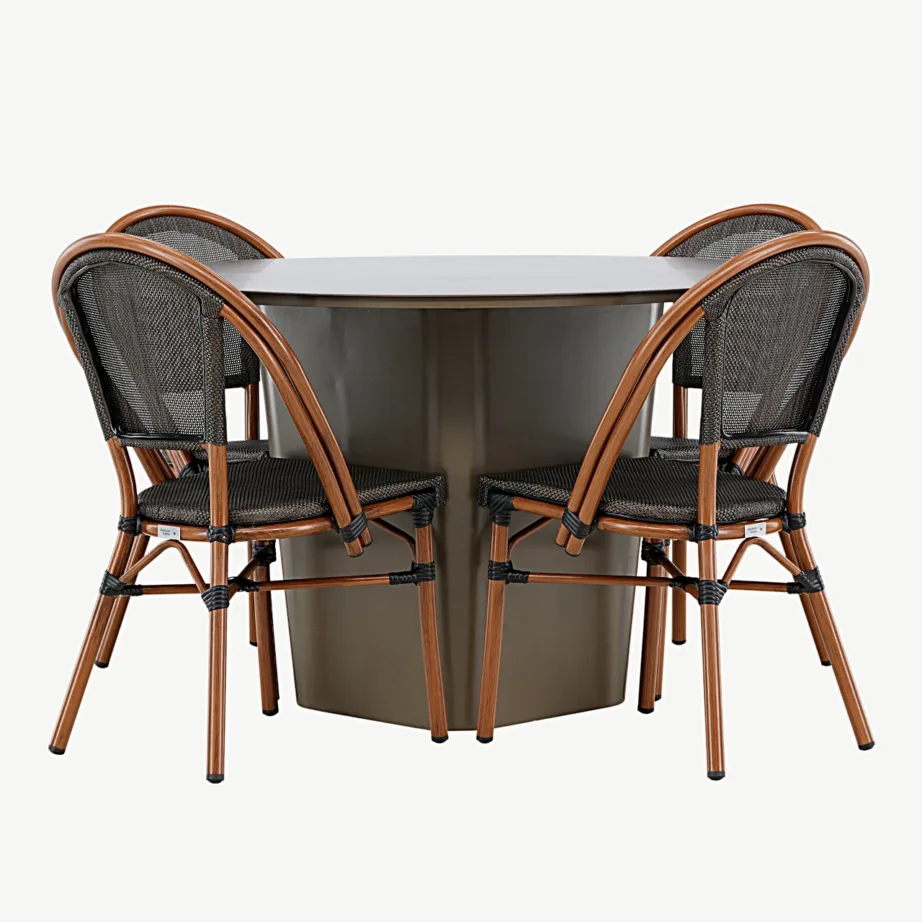Santa Fe ümmargune alumiiniumist välimööblikomplekt – pruun laud ja neli Guarda tooli (must/pruun, ø120 cm), GR24340 – 4