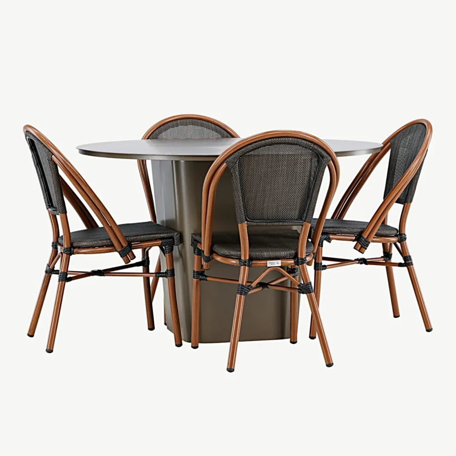 Santa Fe ümmargune alumiiniumist välimööblikomplekt – pruun laud ja neli Guarda tooli (must/pruun, ø120 cm), GR24340 – 5