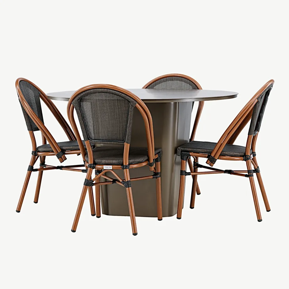 Santa Fe ümmargune alumiiniumist välimööblikomplekt – pruun laud ja neli Guarda tooli (must/pruun, ø120 cm), GR24340 – 6