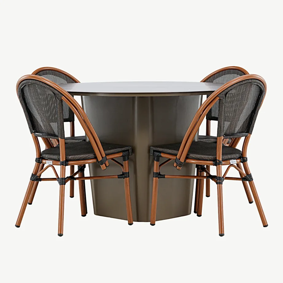 Santa Fe ümmargune alumiiniumist välimööblikomplekt – pruun laud ja neli Guarda tooli (must/pruun, ø120 cm), GR24340 – 7