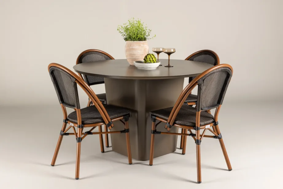 Santa Fe ümmargune alumiiniumist välimööblikomplekt – pruun laud ja neli Guarda tooli (must/pruun, ø120 cm), GR24340 – 8