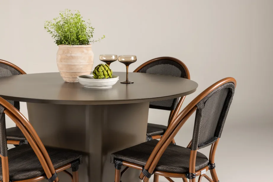 Santa Fe ümmargune alumiiniumist välimööblikomplekt – pruun laud ja neli Guarda tooli (must/pruun, ø120 cm), GR24340 – 9