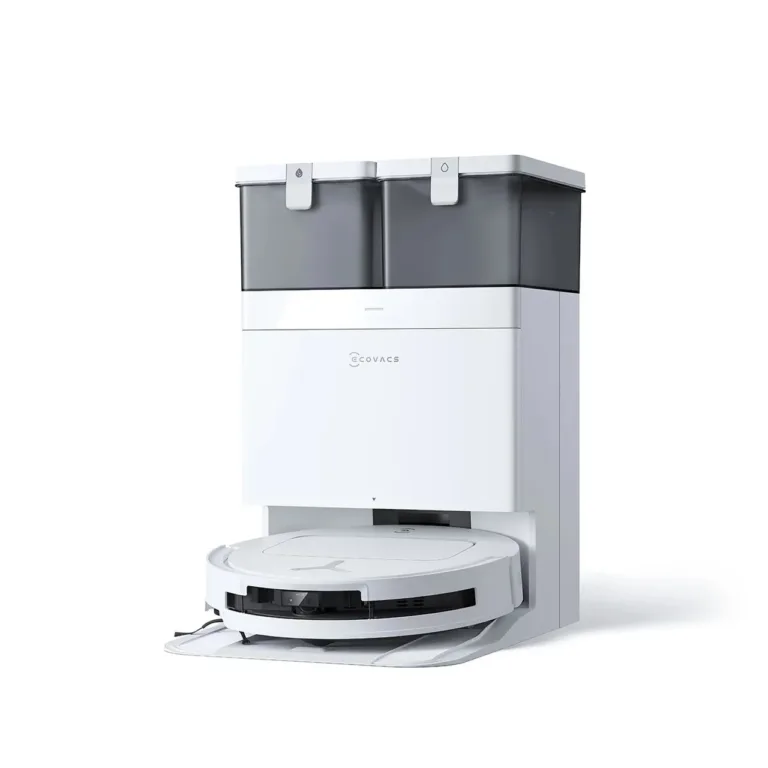 valge robot tolmuimeja dokiga Ecovacs DEEBOT T50 PRO OMNI eestvaates