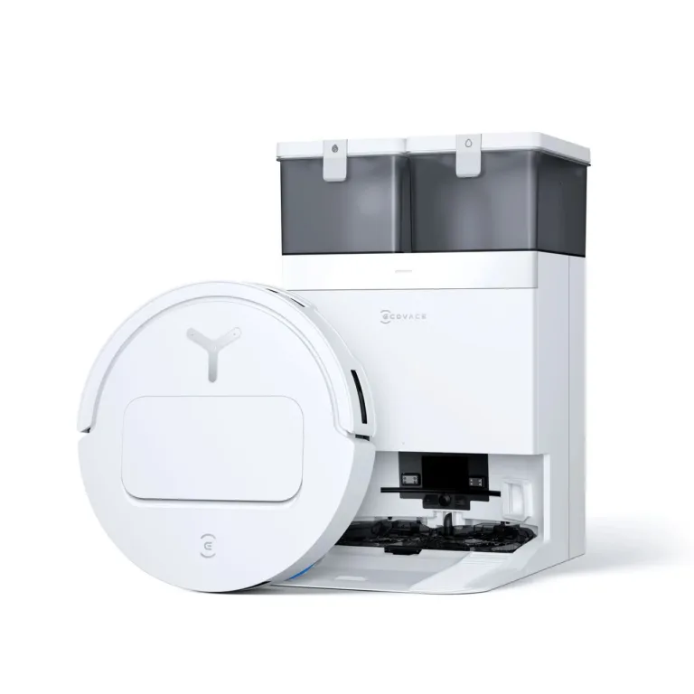 valge robot tolmuimeja dokiga Ecovacs DEEBOT T50 PRO OMNI eestvaates