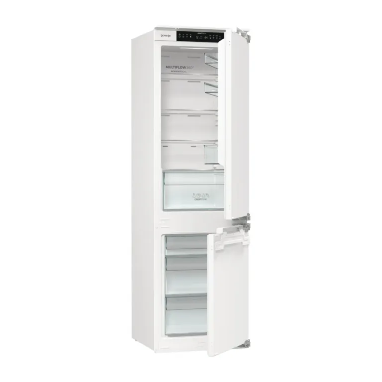 valge sisseehitatav No Frost külmik suletud uste ja Gorenje logoga