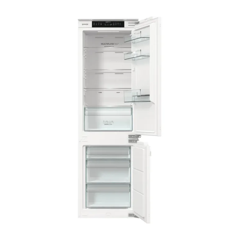 Gorenje külmik-sügavkülm täidetud riiulite ja toodetega