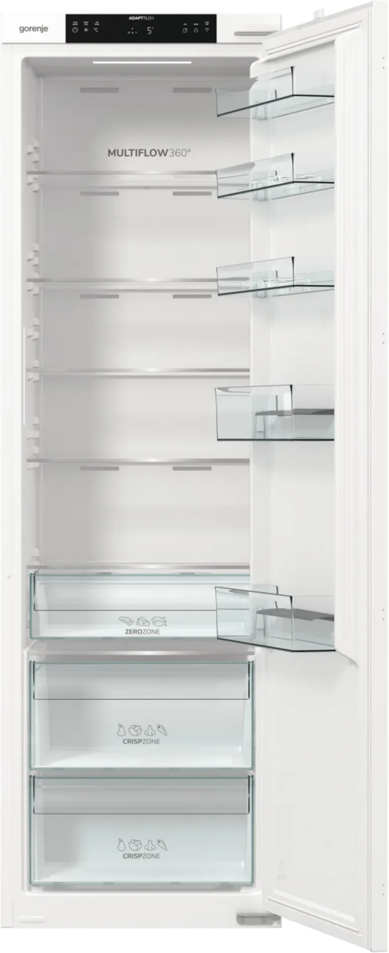 valge integreeritav külmik 177 cm Gorenje avatud ja toitainega täidetud