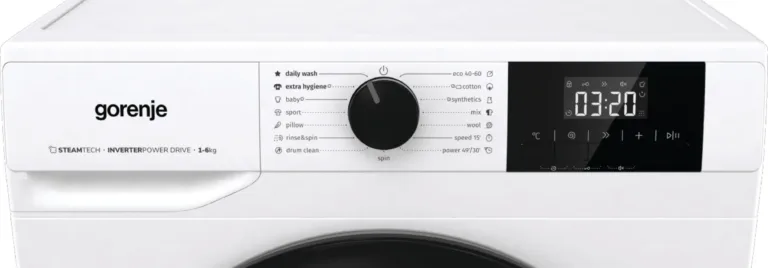 Gorenje pesumasin paremalt kaldvaates avatud uksega