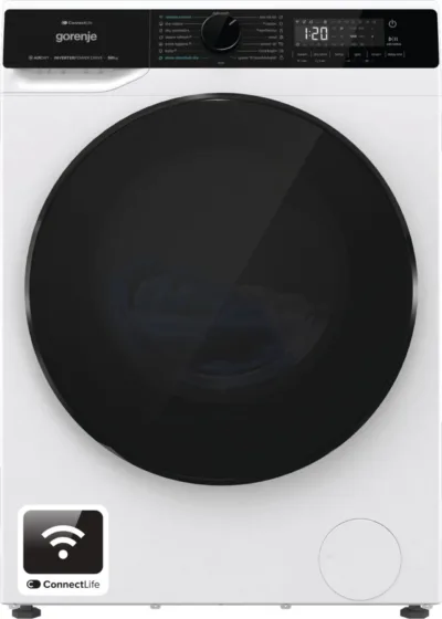 Gorenje valge pesumasin kuivati LED ekraaniga eestvaates