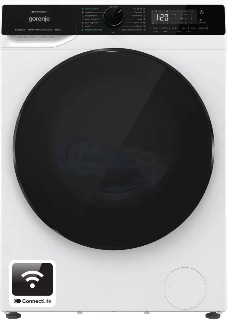 Gorenje WD2PA964ADW 9 kg/6 kg valge esiküljelt laaditav pesumasin-kuivati LED-ekraaniga