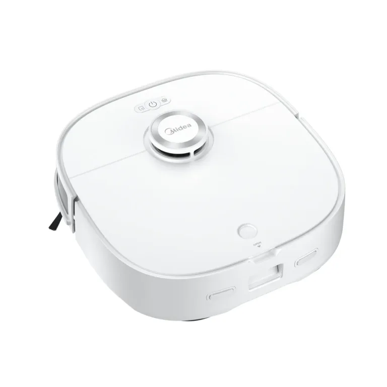 Midea V12 valge robot tolmuimeja mopiga laadimisjaamas külgvaade