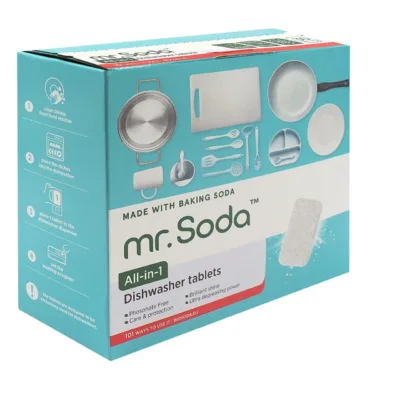 küpsetuspulbriga nõudepesumasina tabletid mr. Soda pakend