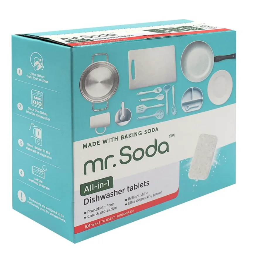 küpsetuspulbriga nõudepesumasina tabletid mr. Soda pakend