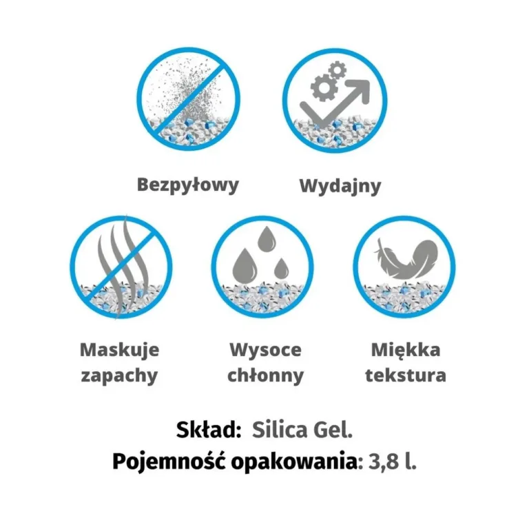 Silikageelist lõhnatu kassiliiv omaduste ikoonid