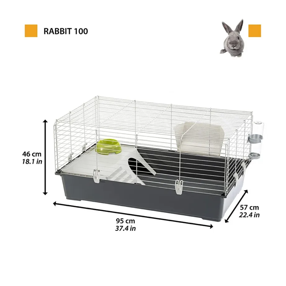 Ferplast Rabbit 100 95x57x46 cm metallist ja plastikust hall puur jänesele joogipudeli, kausi ja põrandaga – 4