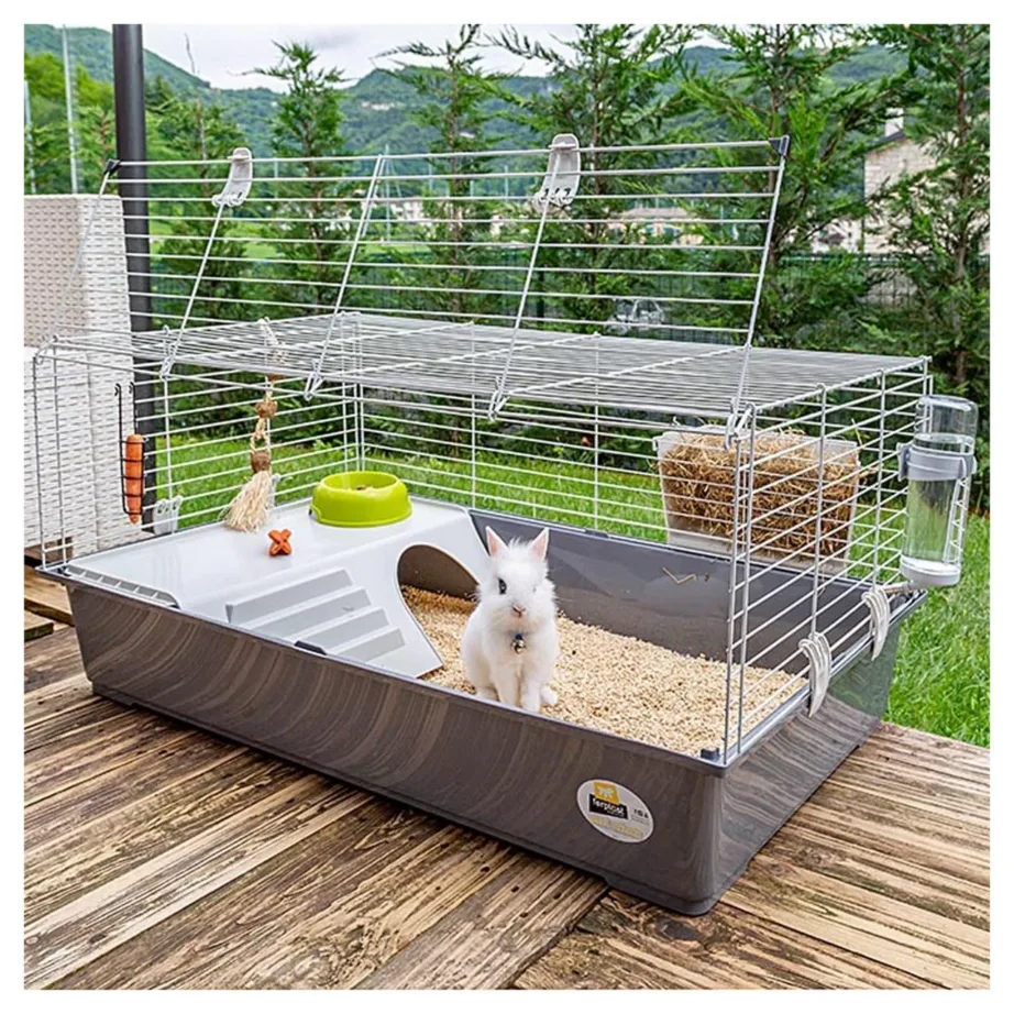 Ferplast Rabbit 100 95x57x46 cm metallist ja plastikust hall puur jänesele joogipudeli, kausi ja põrandaga – 5