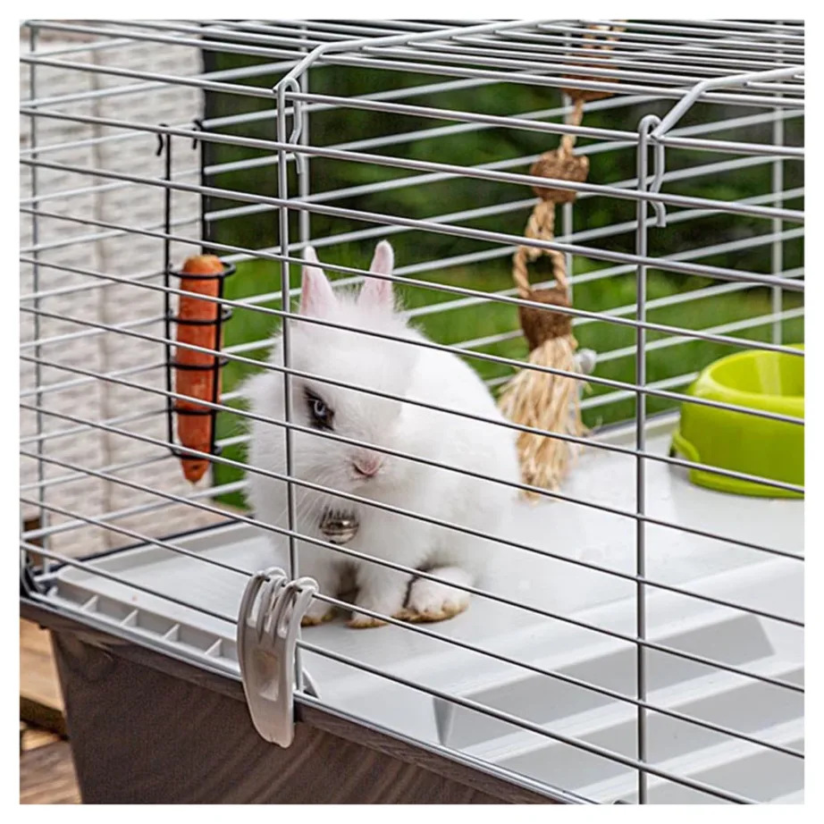 Ferplast Rabbit 100 95x57x46 cm metallist ja plastikust hall puur jänesele joogipudeli, kausi ja põrandaga – 9