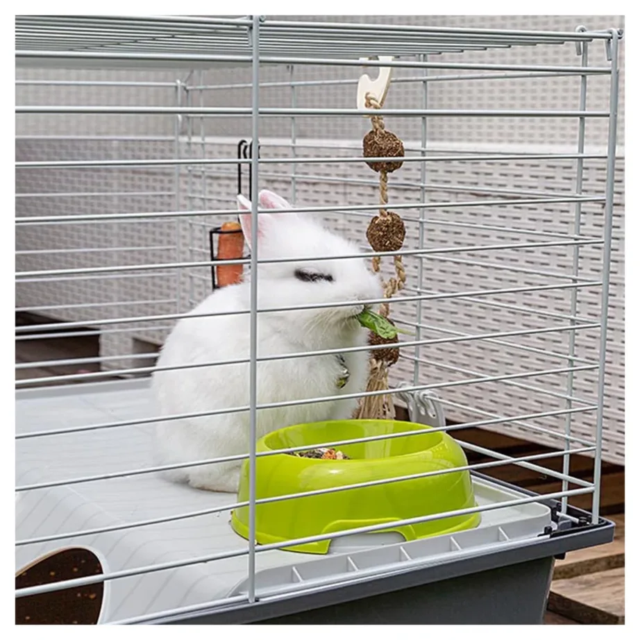 Ferplast Rabbit 100 95x57x46 cm metallist ja plastikust hall puur jänesele joogipudeli, kausi ja põrandaga – 10