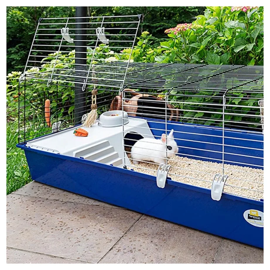 Ferplast Rabbit 120 118x59x50 cm metallist ja plastikust puur küülikule ja meriseale joogipudeli ning toidukausiga, valge/karmiinpunane – 7