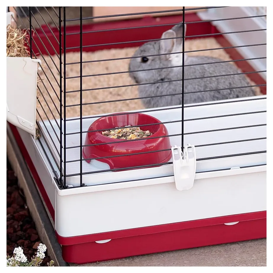 Ferplast Krolik 140 Plus 142x60x50 cm valge/bordeaux kokkupandav küülikupuur joogipudeli, kausi ja puidust majaga – 12