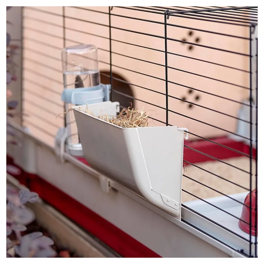 Ferplast Krolik 140 Plus 142x60x50 cm valge/bordeaux kokkupandav küülikupuur joogipudeli, kausi ja puidust majaga – 5