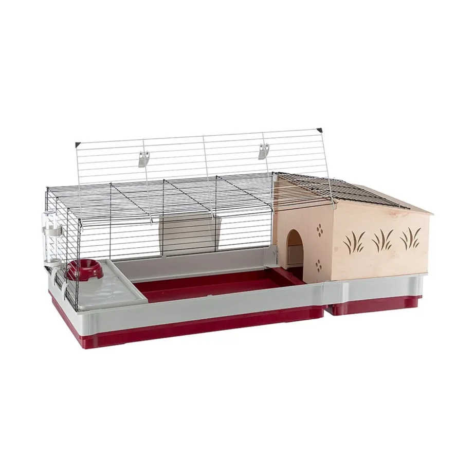 Ferplast Krolik 140 Plus 142x60x50 cm valge/bordeaux kokkupandav küülikupuur joogipudeli, kausi ja puidust majaga – 2