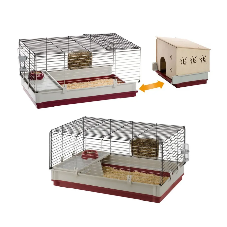 Ferplast Krolik 140 Plus 142x60x50 cm valge/bordeaux kokkupandav küülikupuur joogipudeli, kausi ja puidust majaga – 7