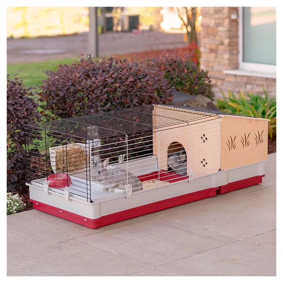 Ferplast Krolik 140 Plus 142x60x50 cm valge/bordeaux kokkupandav küülikupuur joogipudeli, kausi ja puidust majaga – 9