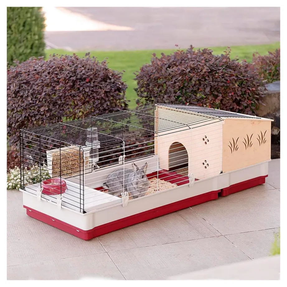 Ferplast Krolik 140 Plus 142x60x50 cm valge/bordeaux kokkupandav küülikupuur joogipudeli, kausi ja puidust majaga – 10