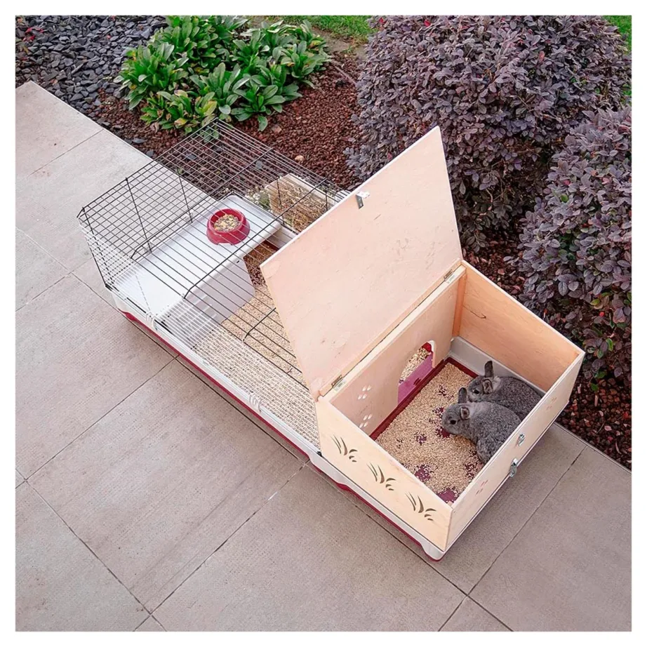 Ferplast Krolik 140 Plus 142x60x50 cm valge/bordeaux kokkupandav küülikupuur joogipudeli, kausi ja puidust majaga – 11