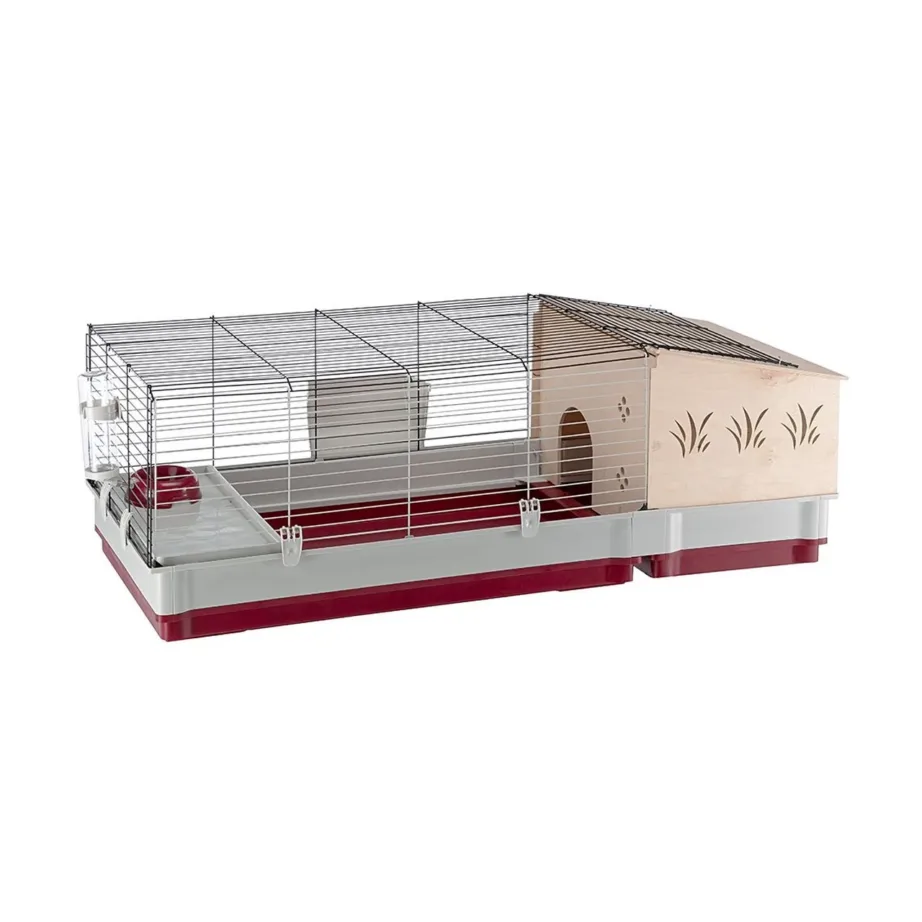 Ferplast Krolik 140 Plus 142x60x50 cm valge/bordeaux kokkupandav küülikupuur joogipudeli, kausi ja puidust majaga