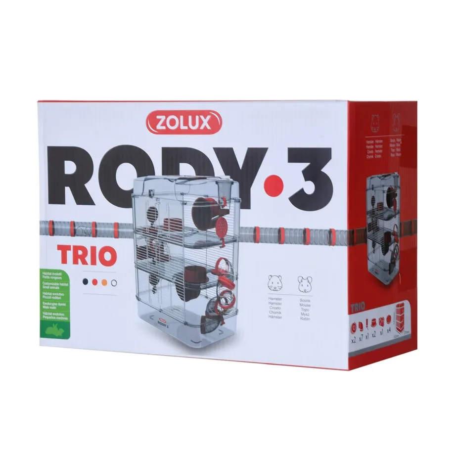 Zolux Rody3 Trio 41x27x53 cm punane/hall plastmetallist näriliste puur hiirtele ja hamstritele, kauss, joogipudel, jooksuratas – 7